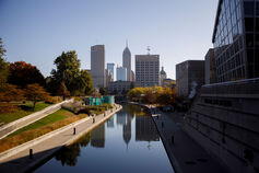 A view of the Indianapolis skyline over the Downtown Indy Canal Walk.